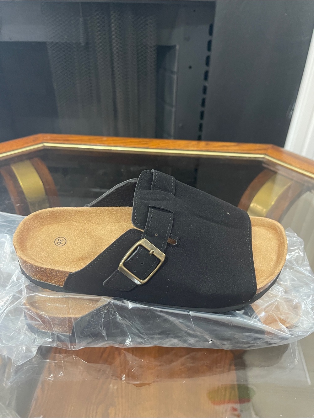 Black Suede Slide Sandal with Buckle